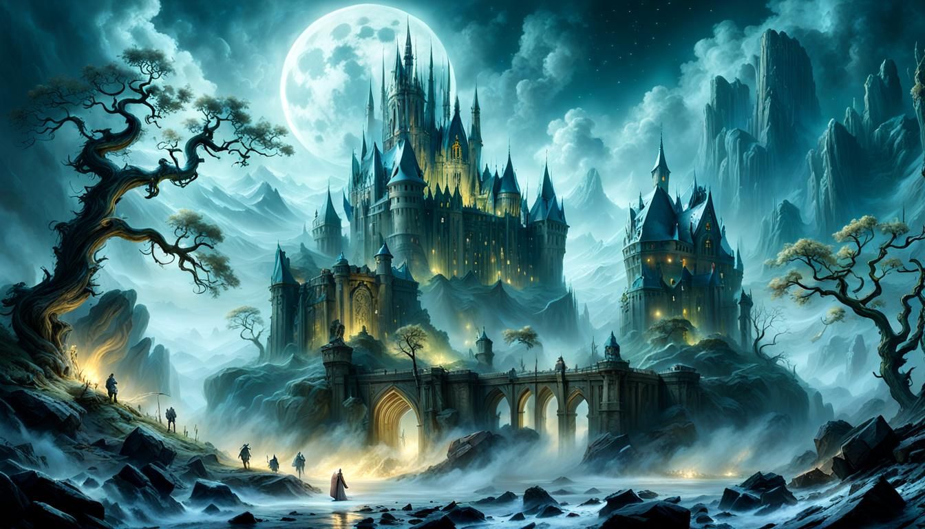 Frankenstein Attacks Under the Moon in Surreal Style