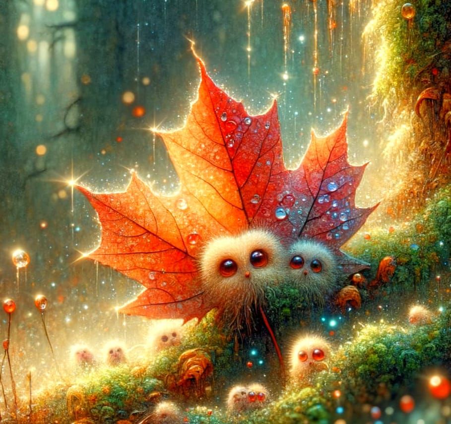 Whimsical Autumn Leaf Scene in Watercolor Style