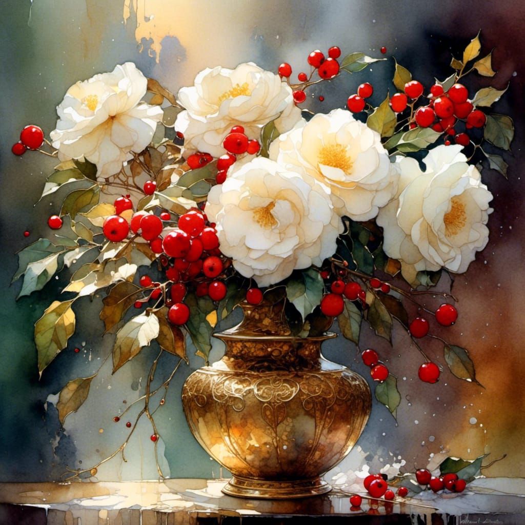 White Camelia and Red Holly Berry