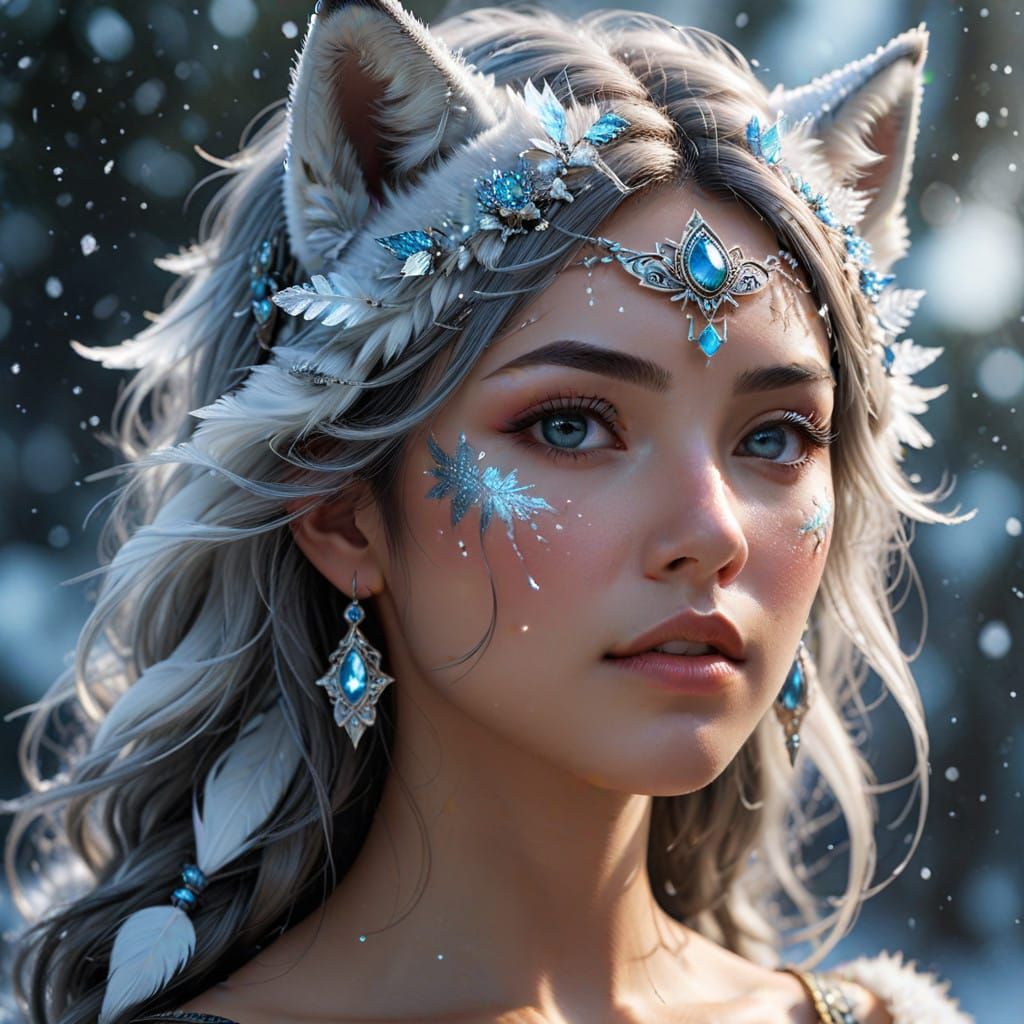 Majestic First Nation Native Woman Transforms into Grey Wolf...