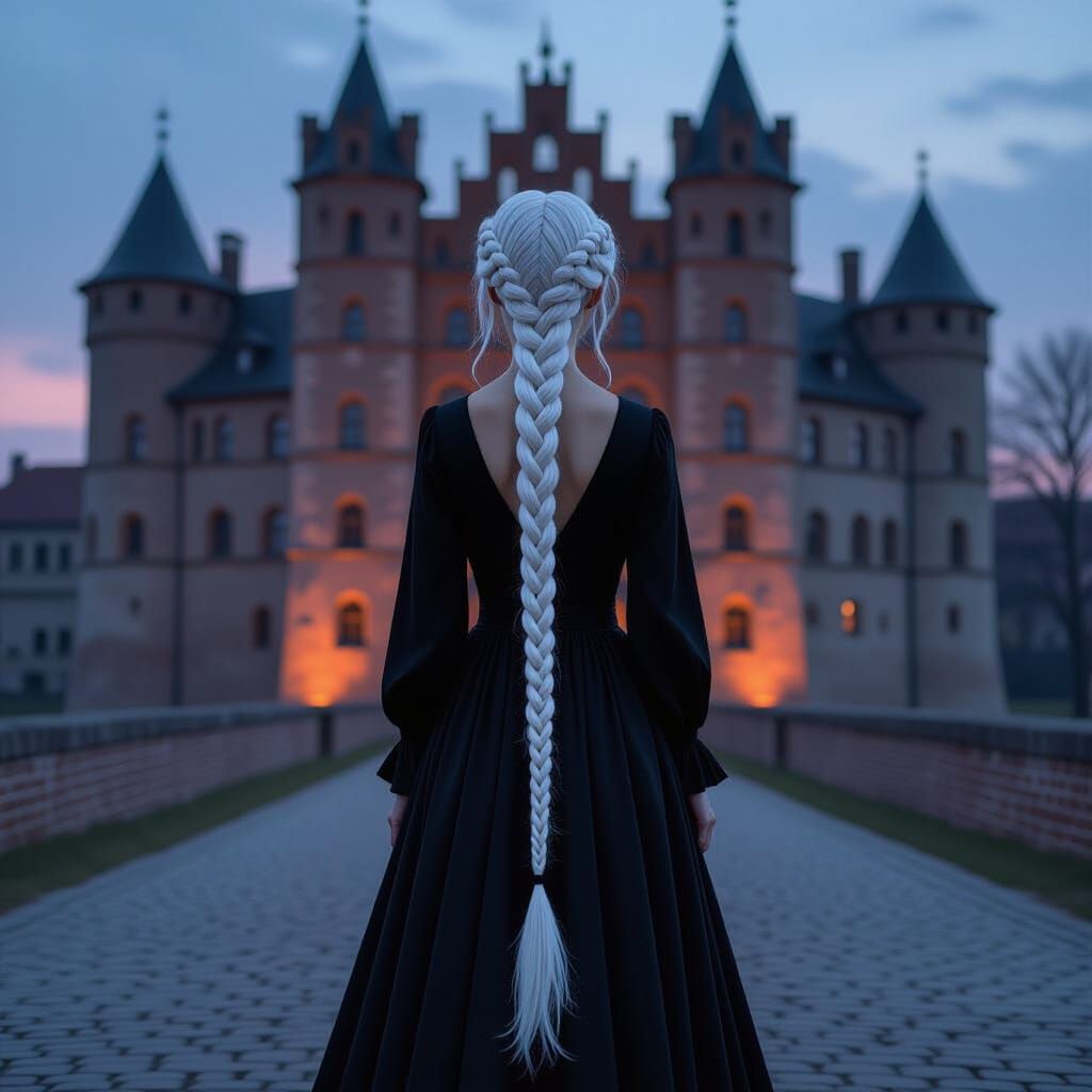 Ethereal Woman Before Malbork Castle at Twilight