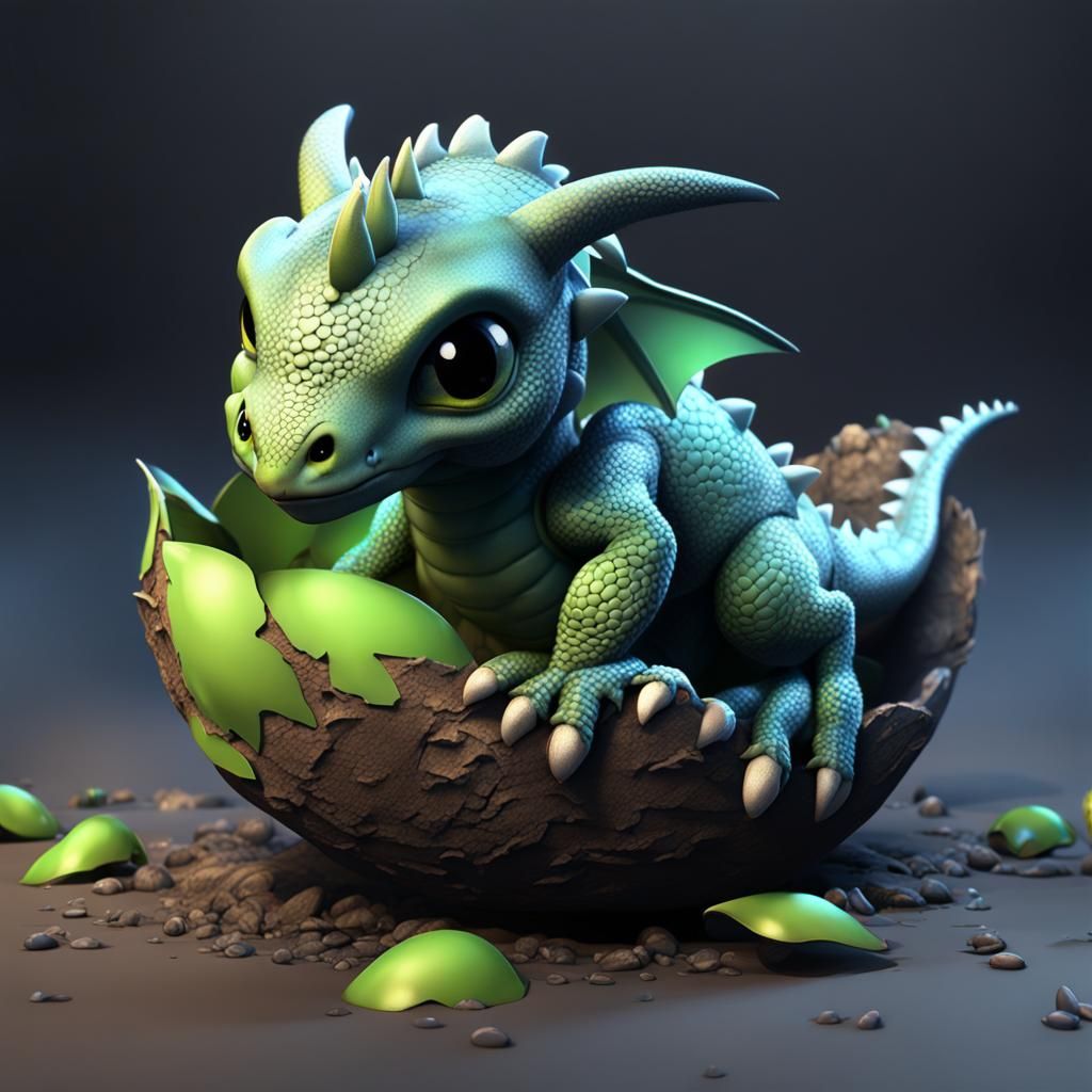 Cute Baby Dragon Hatching: 3D Rendered Art