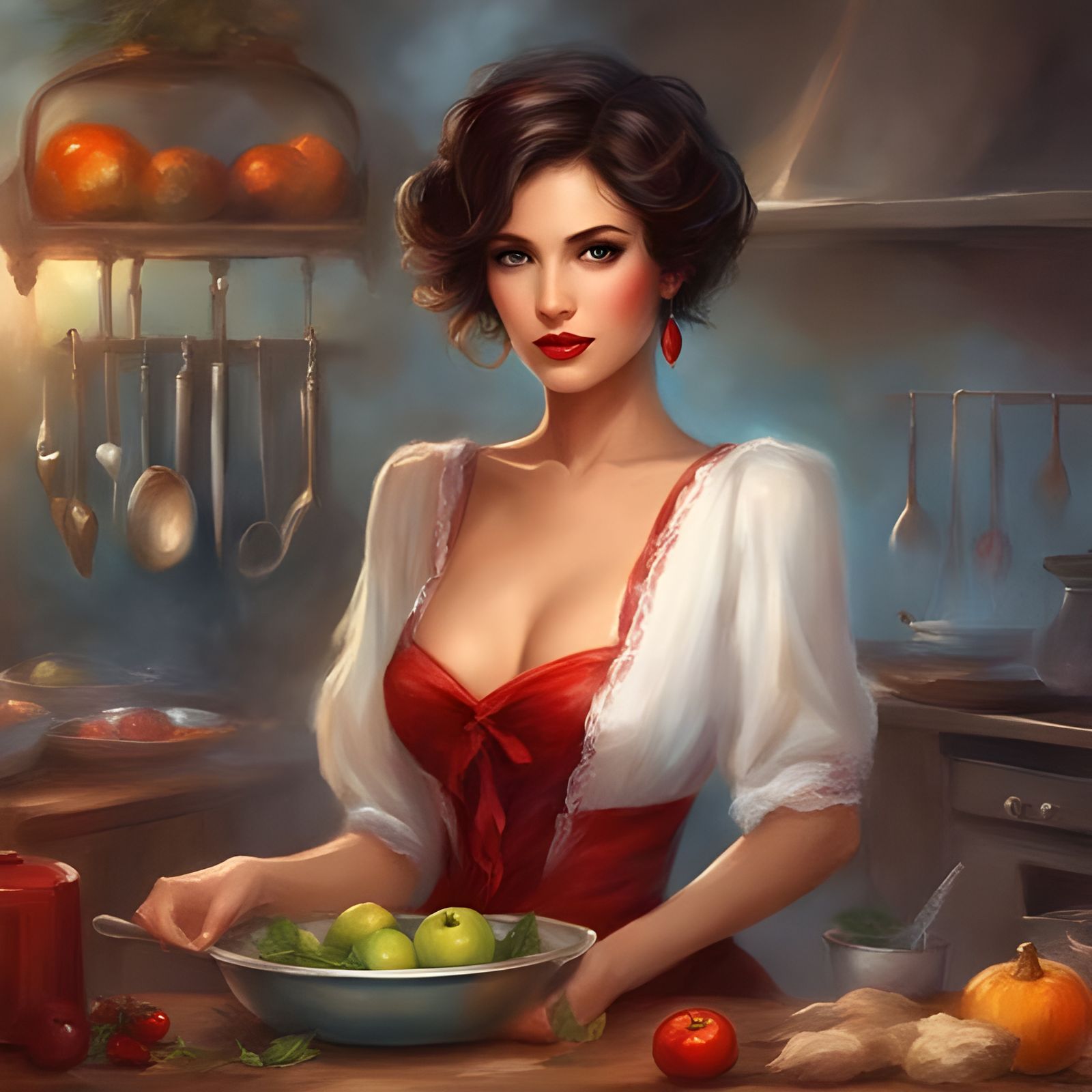 Pretty Colombian Woman in Kitchen: Alluring Portrait