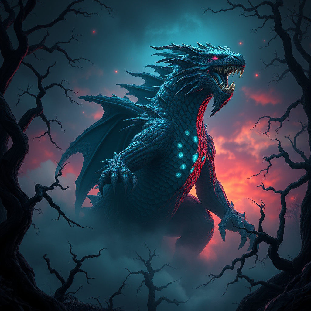 Mystical Monster Rising from a Bioluminescent Realm