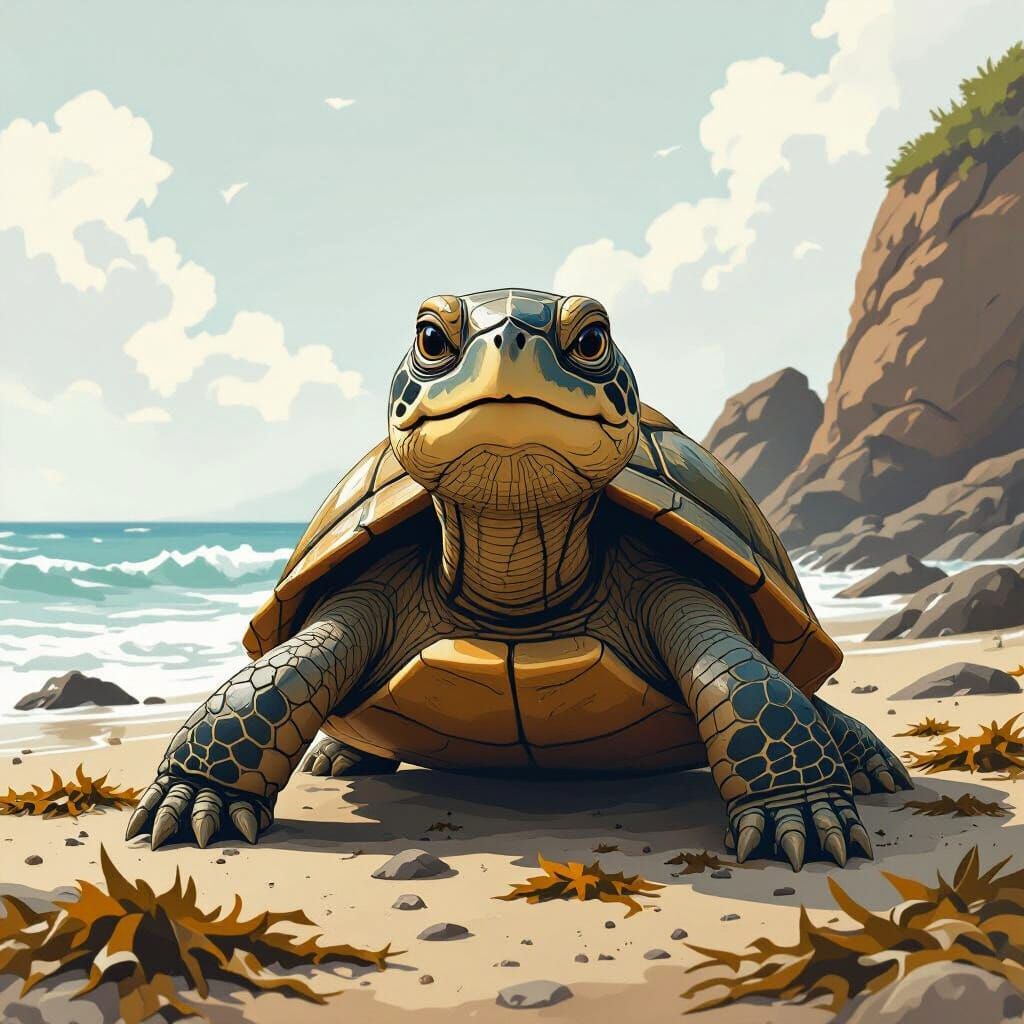 Distressed Turtle on Rocky Coastline in Concept Art Style