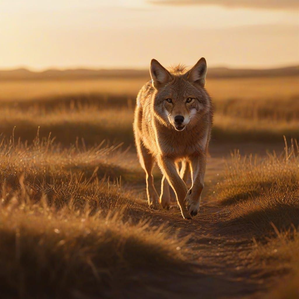 Coyote Running Across Prairie at Sunset