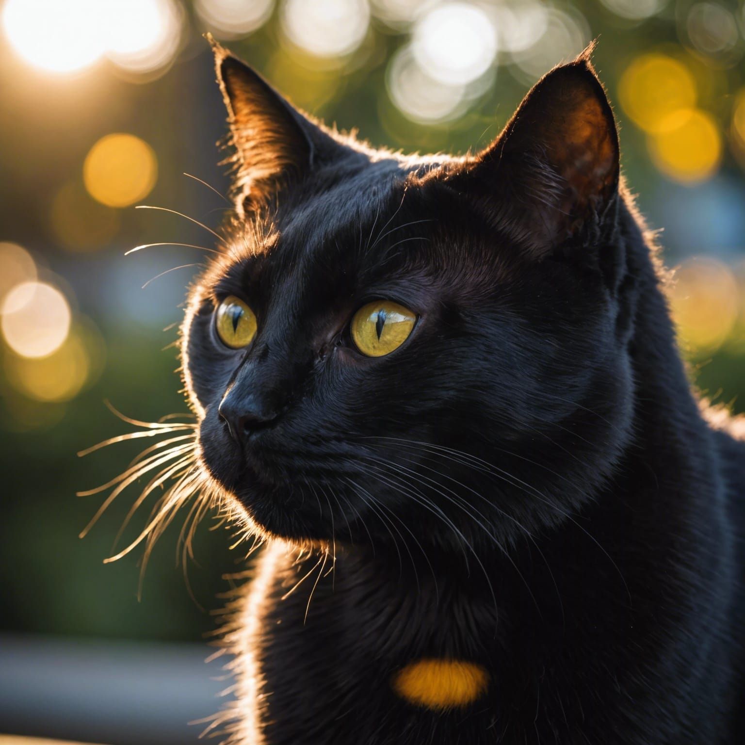 Sunlit Black Cat with Bokeh Background