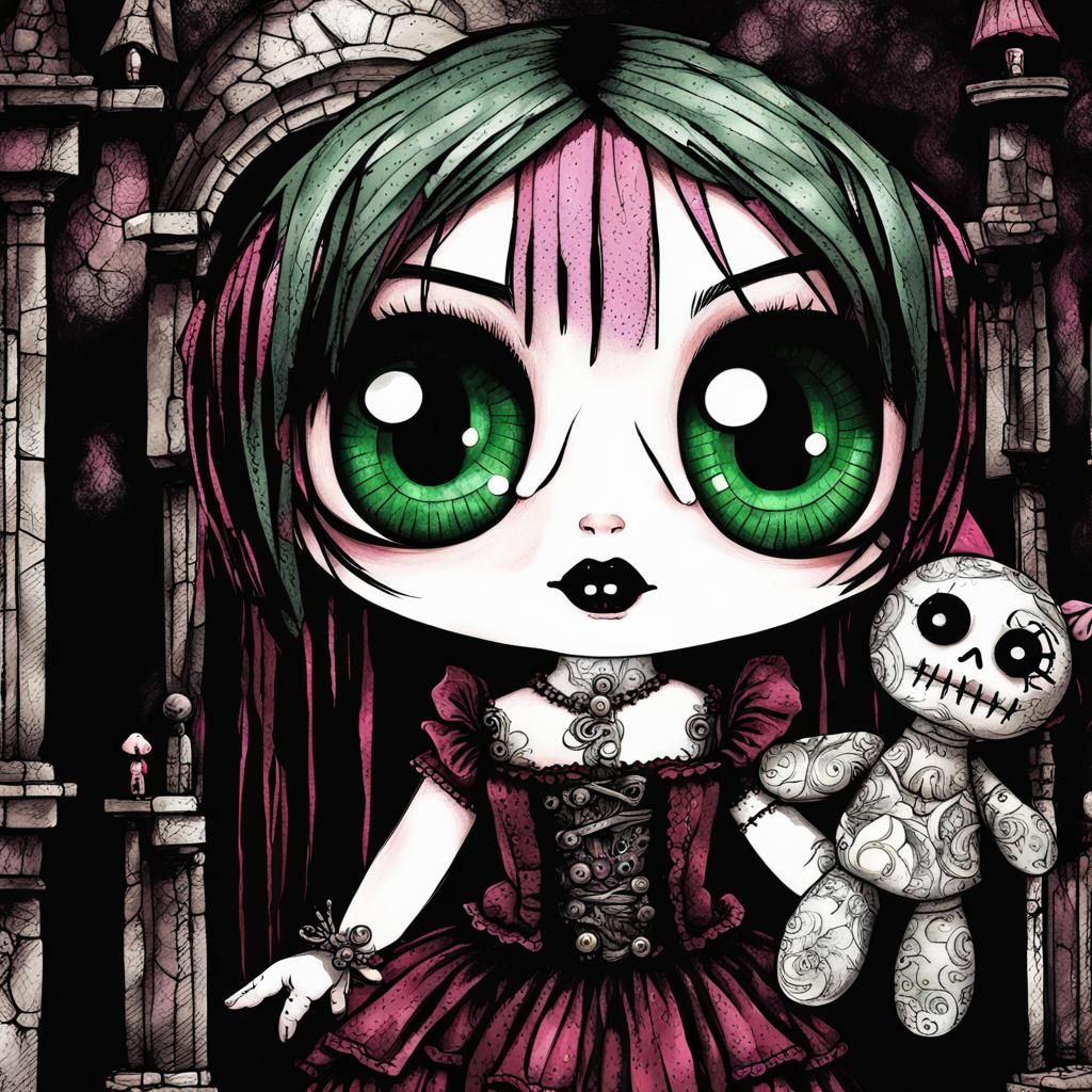 Chibi Goth Girl with Voodoo Doll in Art Brut Style