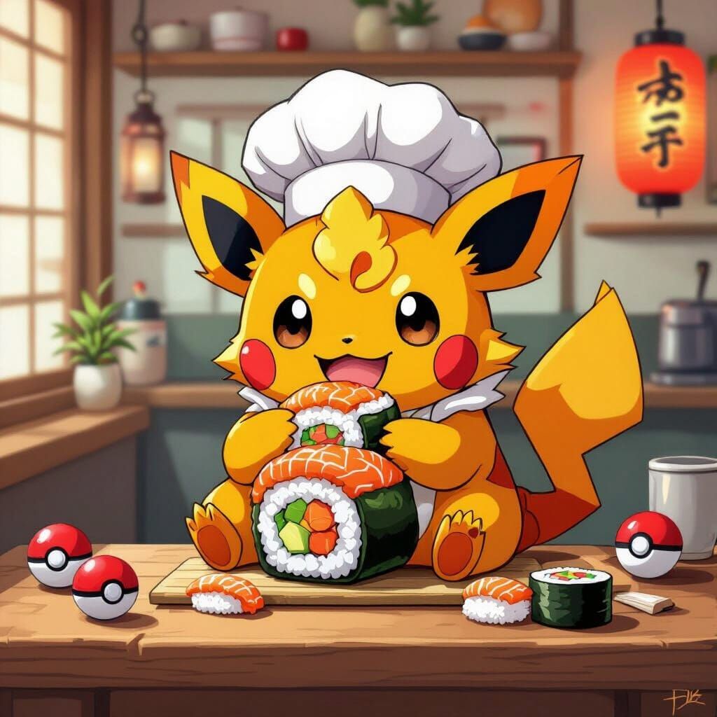 Fuecoco Pokémon Chef Enjoys Sushi, Vibrant Illustration