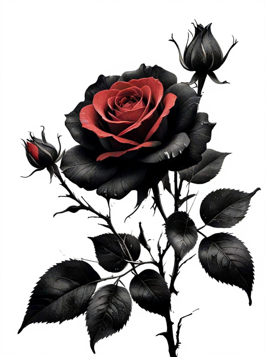 Ink Roses with Red Accent on White Paper