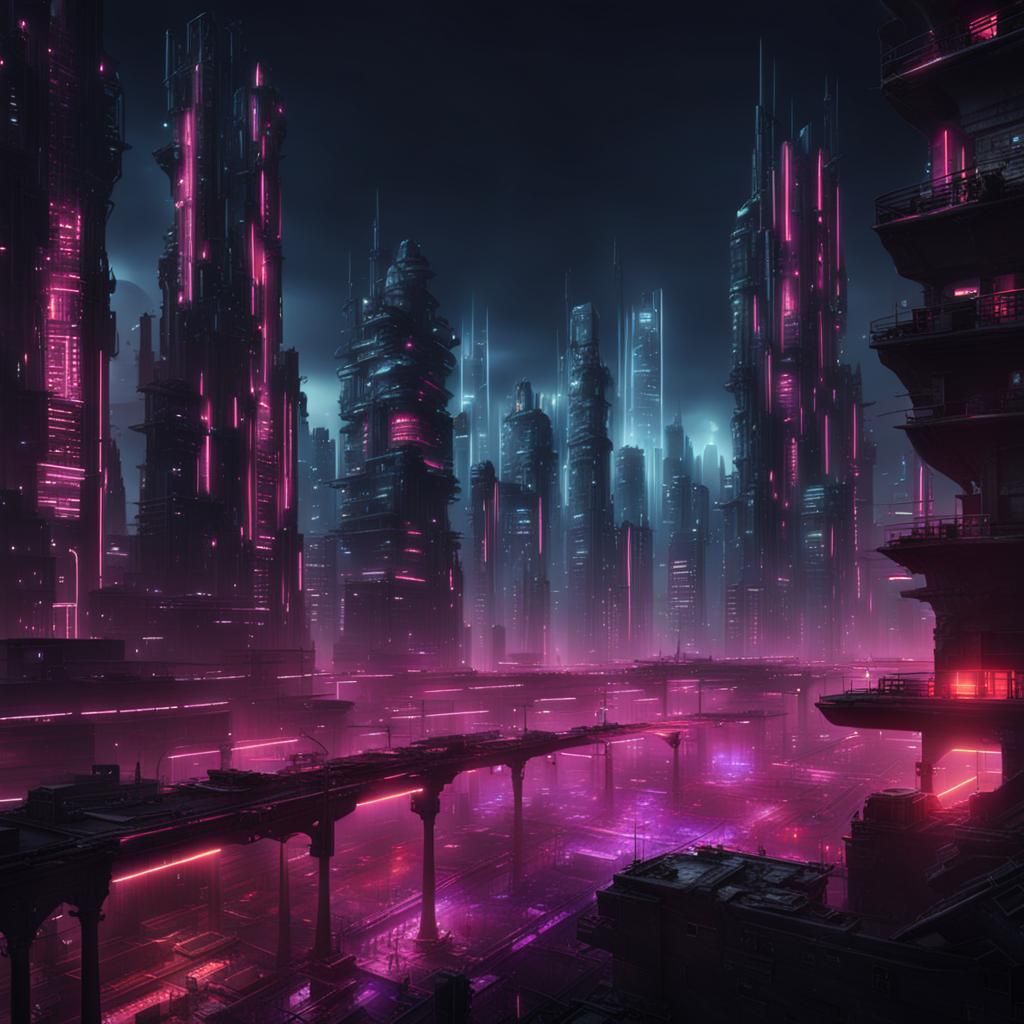 Dystopian Megacityscape with Neon Lights: Matte Painting