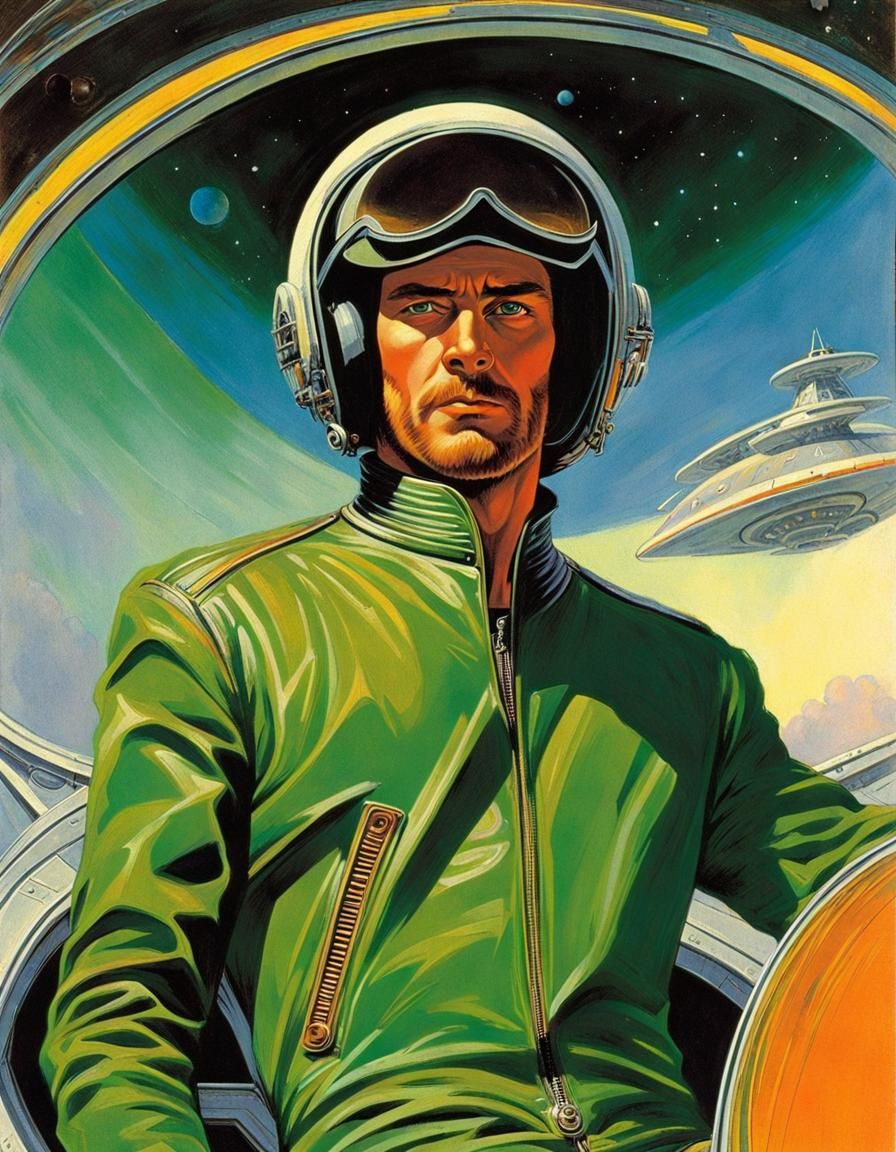 Retro-Futuristic Aviator on Spaceship in Sci-Fi Art Style