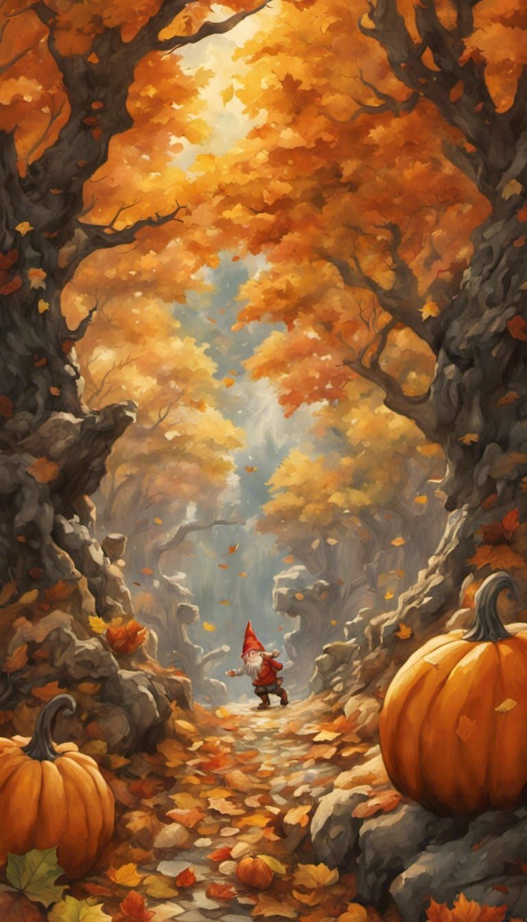 Autumn Gnomes in Anime Style with Falling Leaves