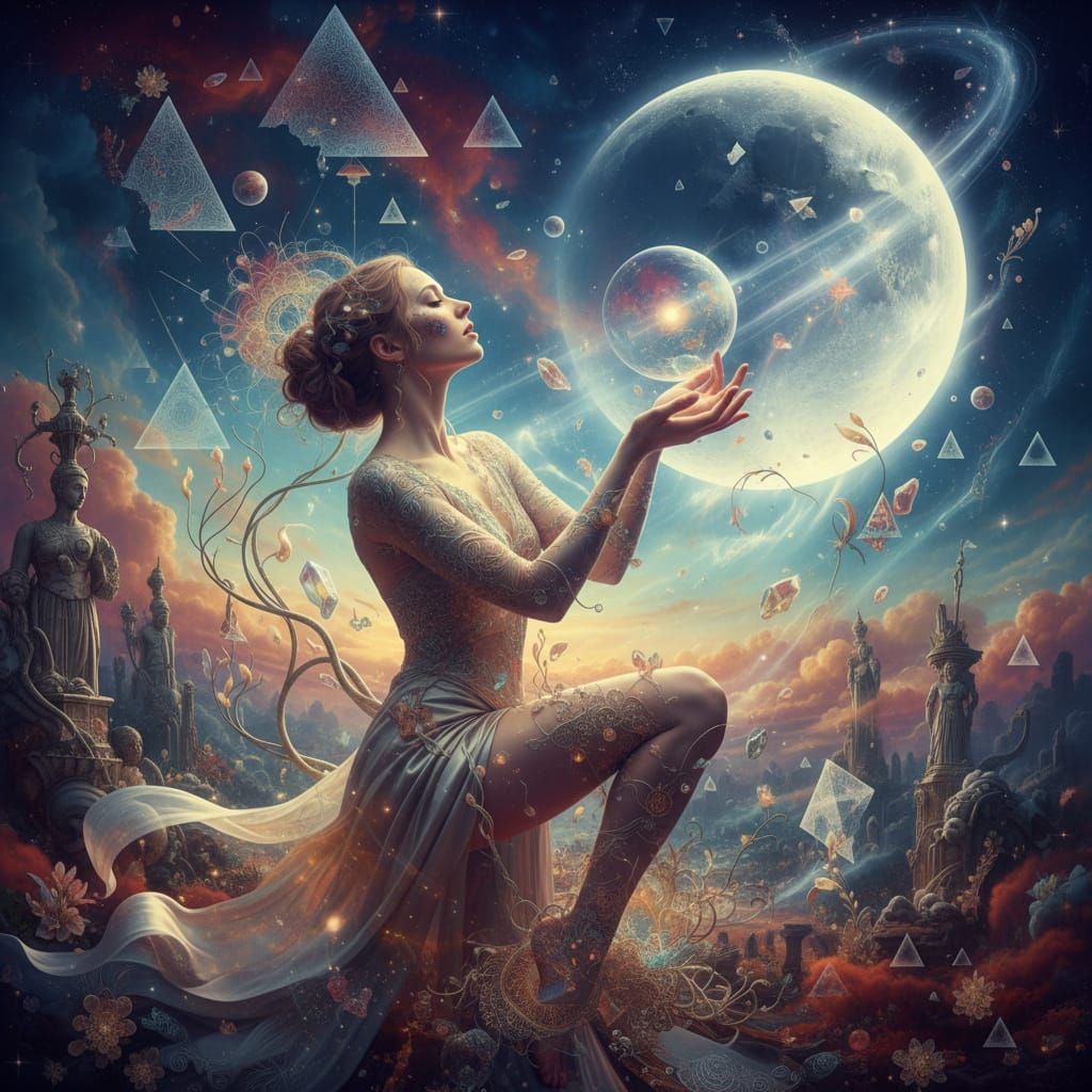 Surreal Woman in Dreamscape with Moon and Orbs