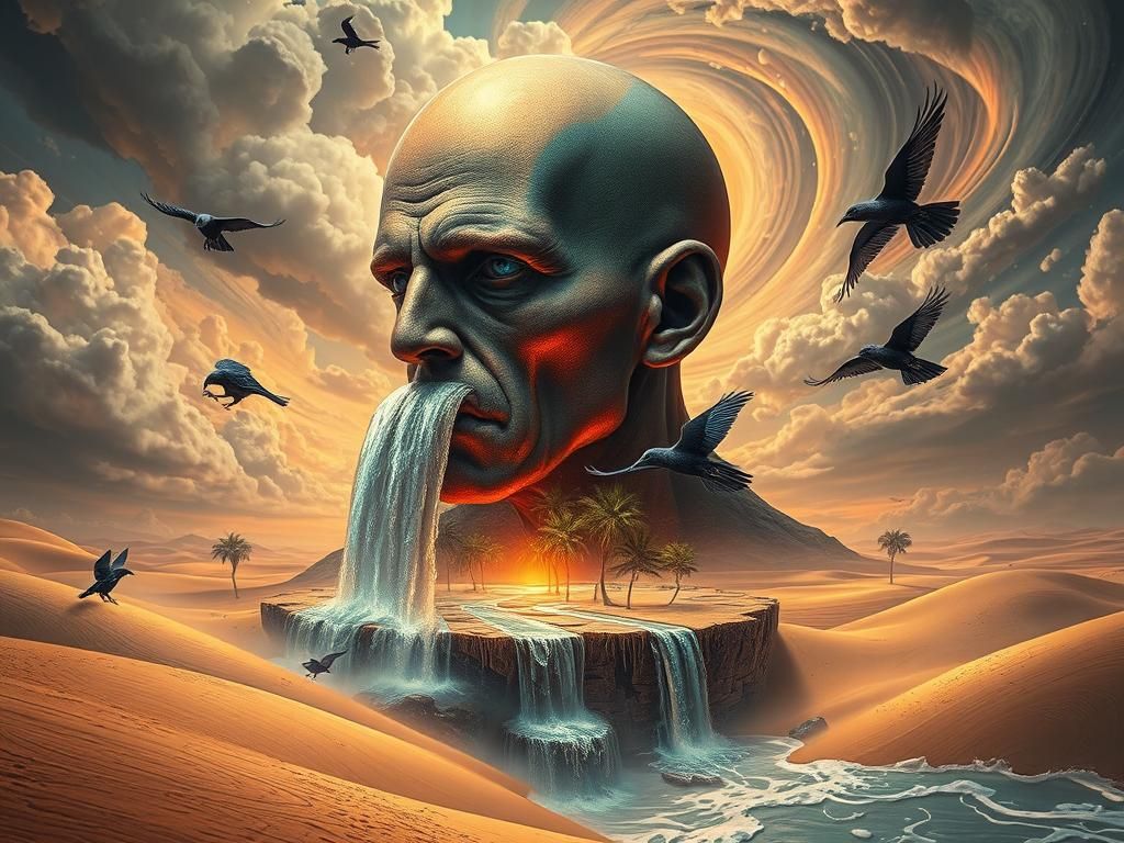 Surreal Obsidian Head Rises from Dreamlike Dunescape