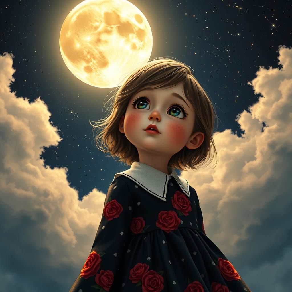 Dreamy Nighttime Portrait of a Girl Gazing at the Full Moon