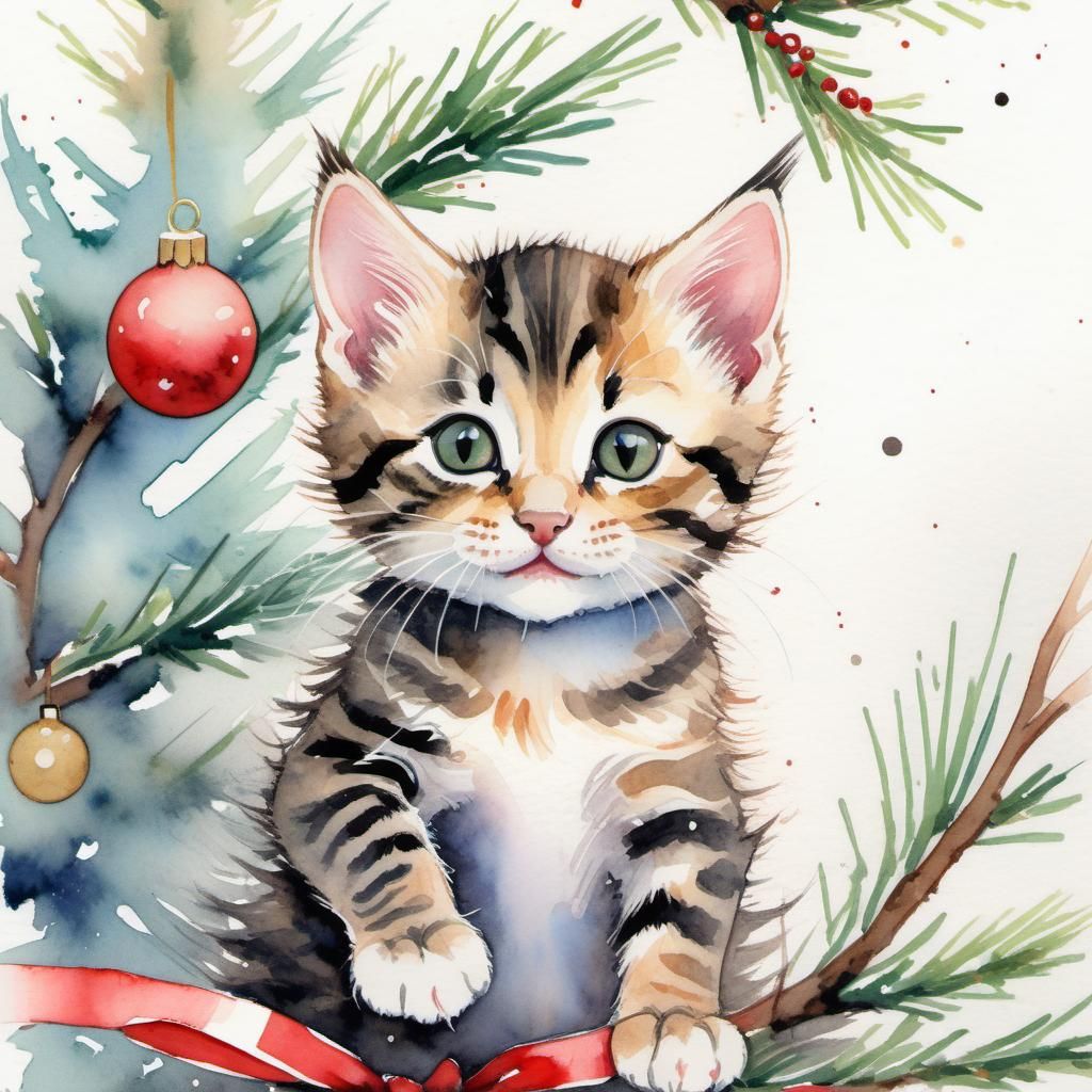 Cute Tabby Kitten in Christmas Tree, Watercolor Card