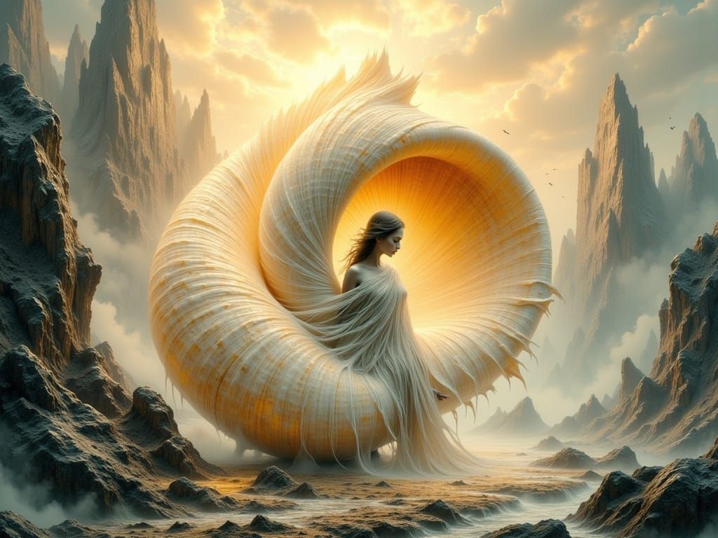 Woman in Seashell Amidst Mountain Peaks