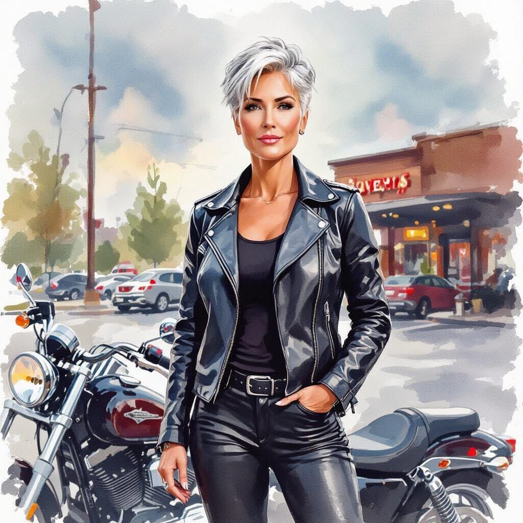 Impressionistic Watercolor of a Woman with Motorcycle