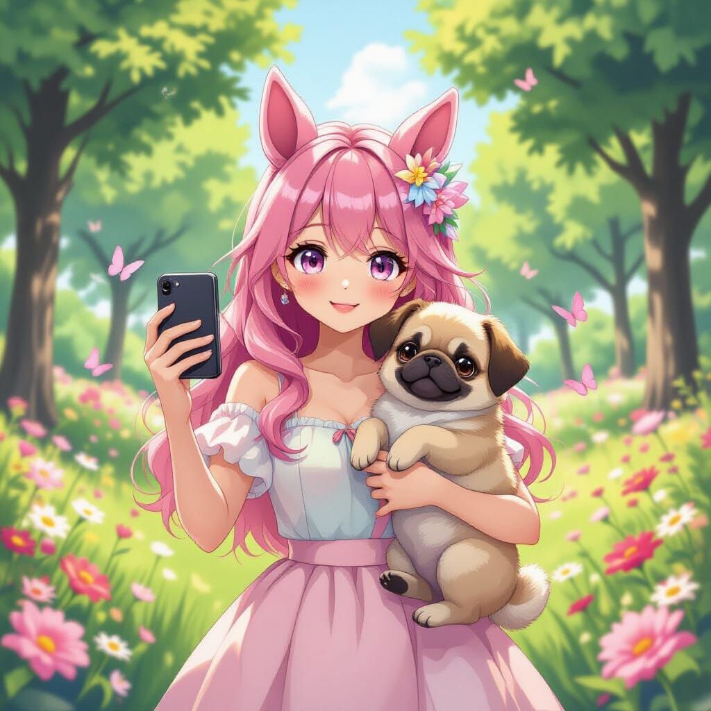Anime Girl with Pug Puppy Selfie in Vibrant Park