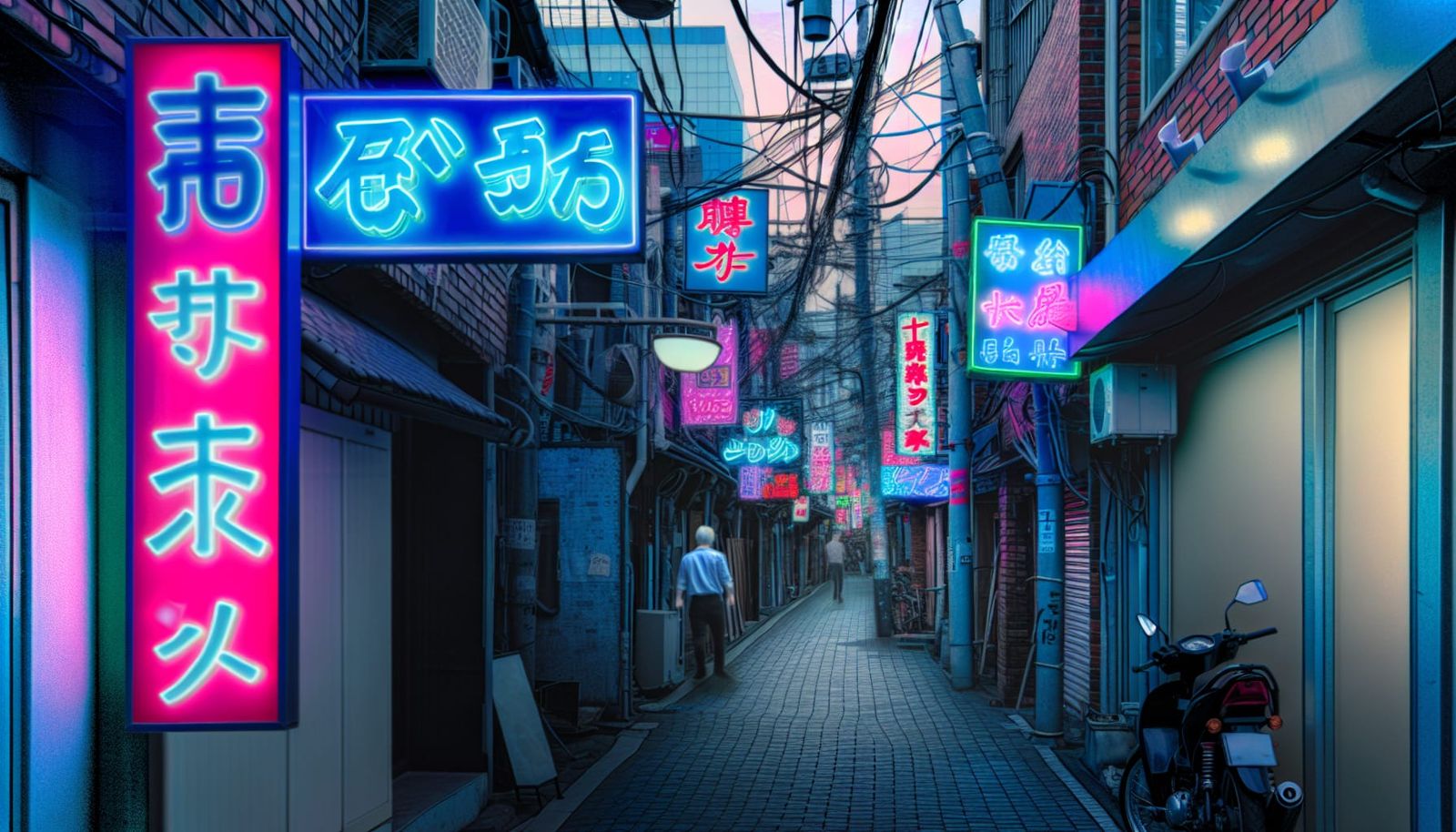 Lively Urban Alleyway at Dusk with Neon Signs