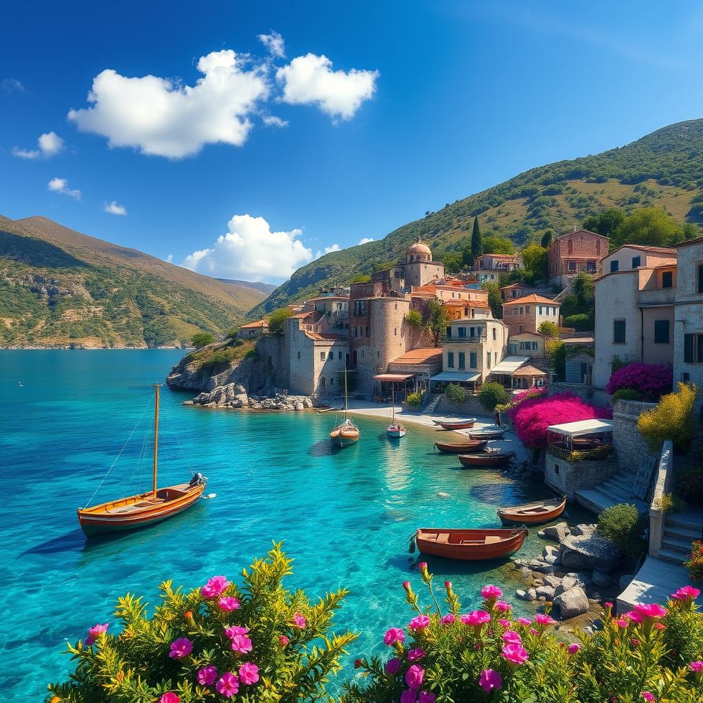 Surreal Greek Village Paradise with Photorealistic Hyperreal...