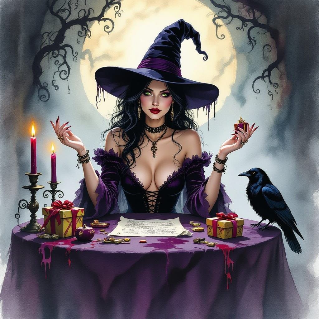 Witch Presides Over Mystical Table with Floating Gifts