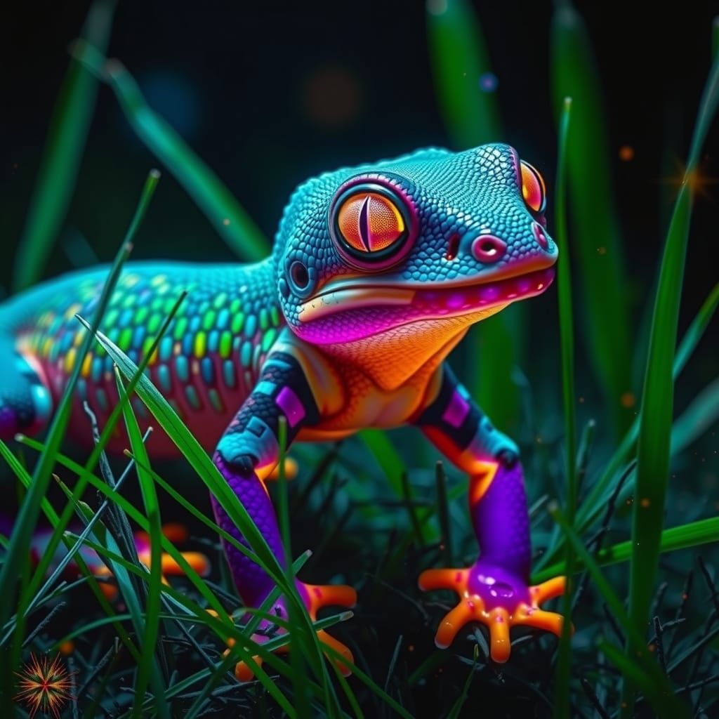 Glowing Purple Gecko in Neon Mosaic Landscape