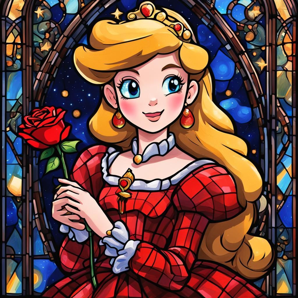 Princess Peach in Red Dress: Gouache Style Painting