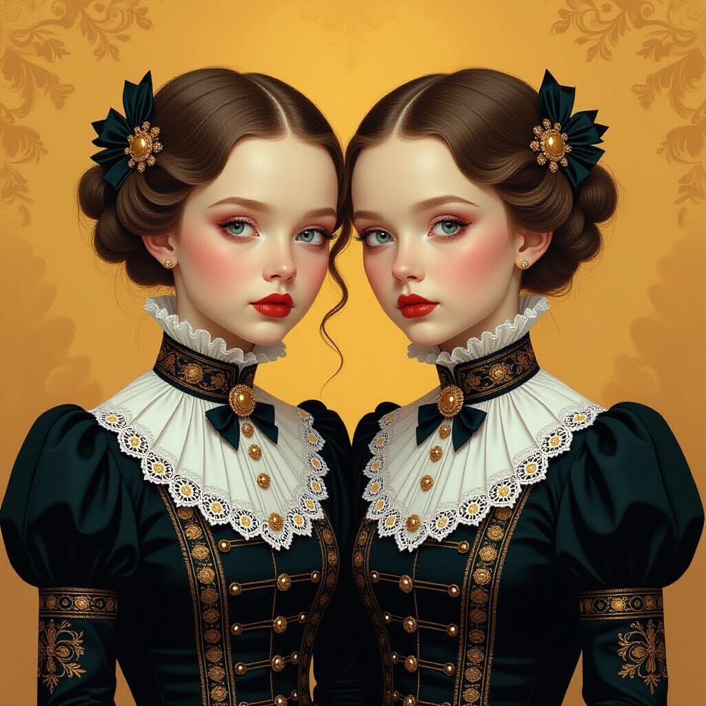 Conjoined Twins in Victorian Dress: Surreal Digital Art