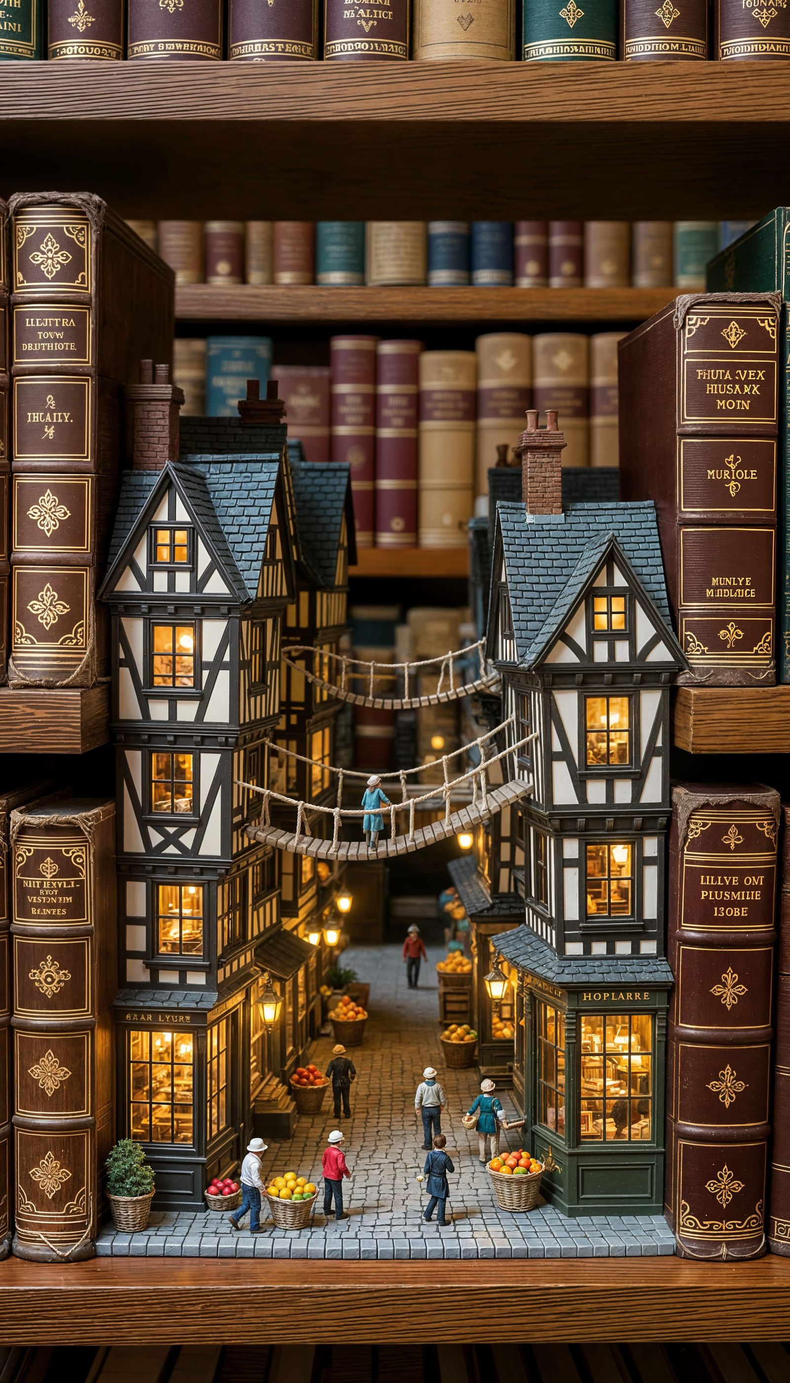 Miniature City Hidden in Bookshelf Gap