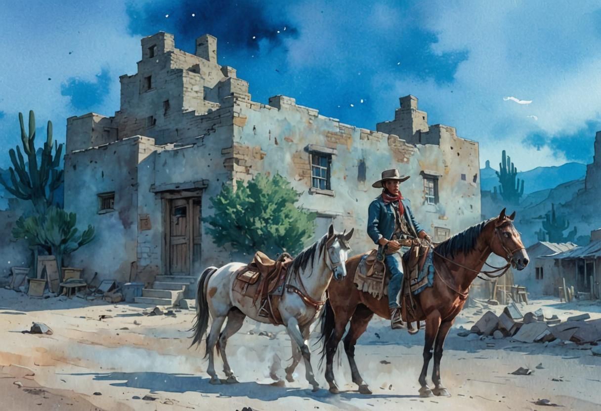 Mexican Outlaw in Watercolor Wild West Village