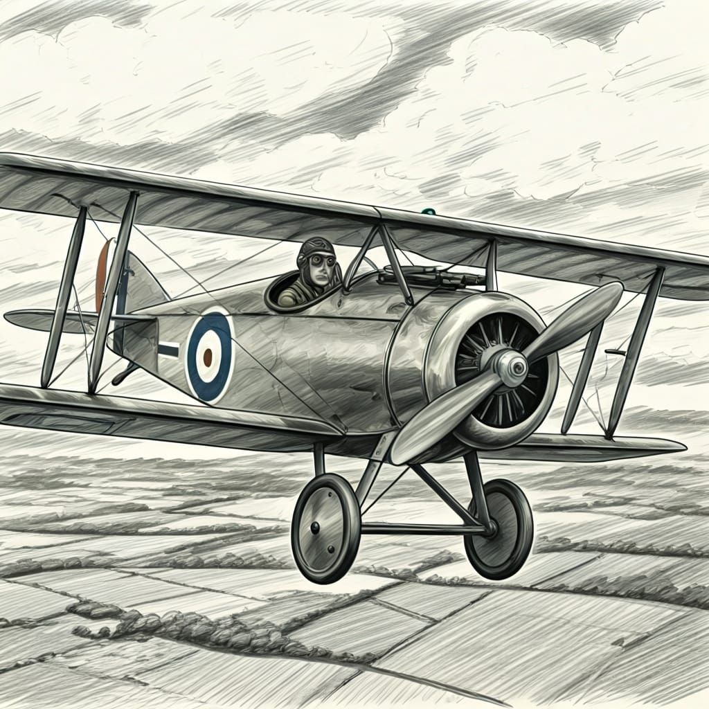 WWI Pilot in Sopwith Camel: Detailed Pencil Sketch