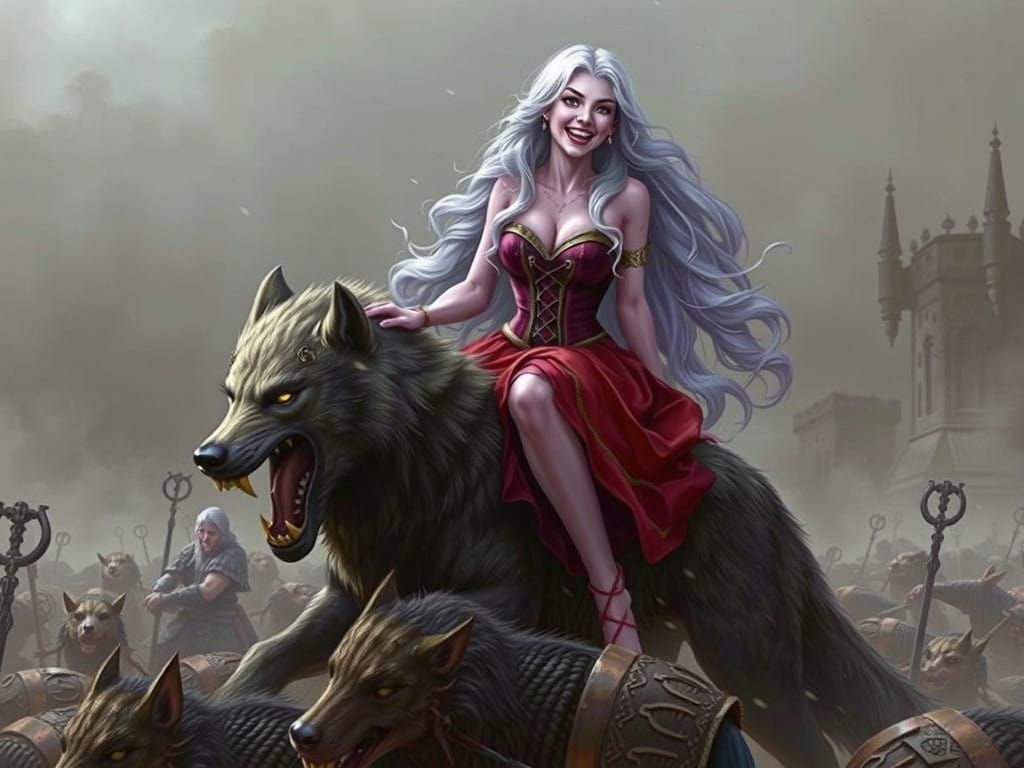 Purple Female Warrior Riding Dire Wolf Over Fallen Elves