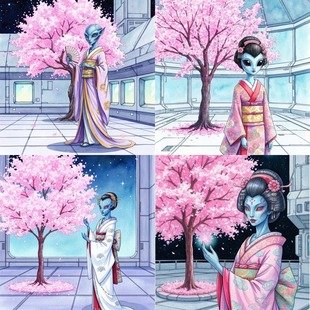 Alien Geisha with Cherry Blossoms in Watercolor