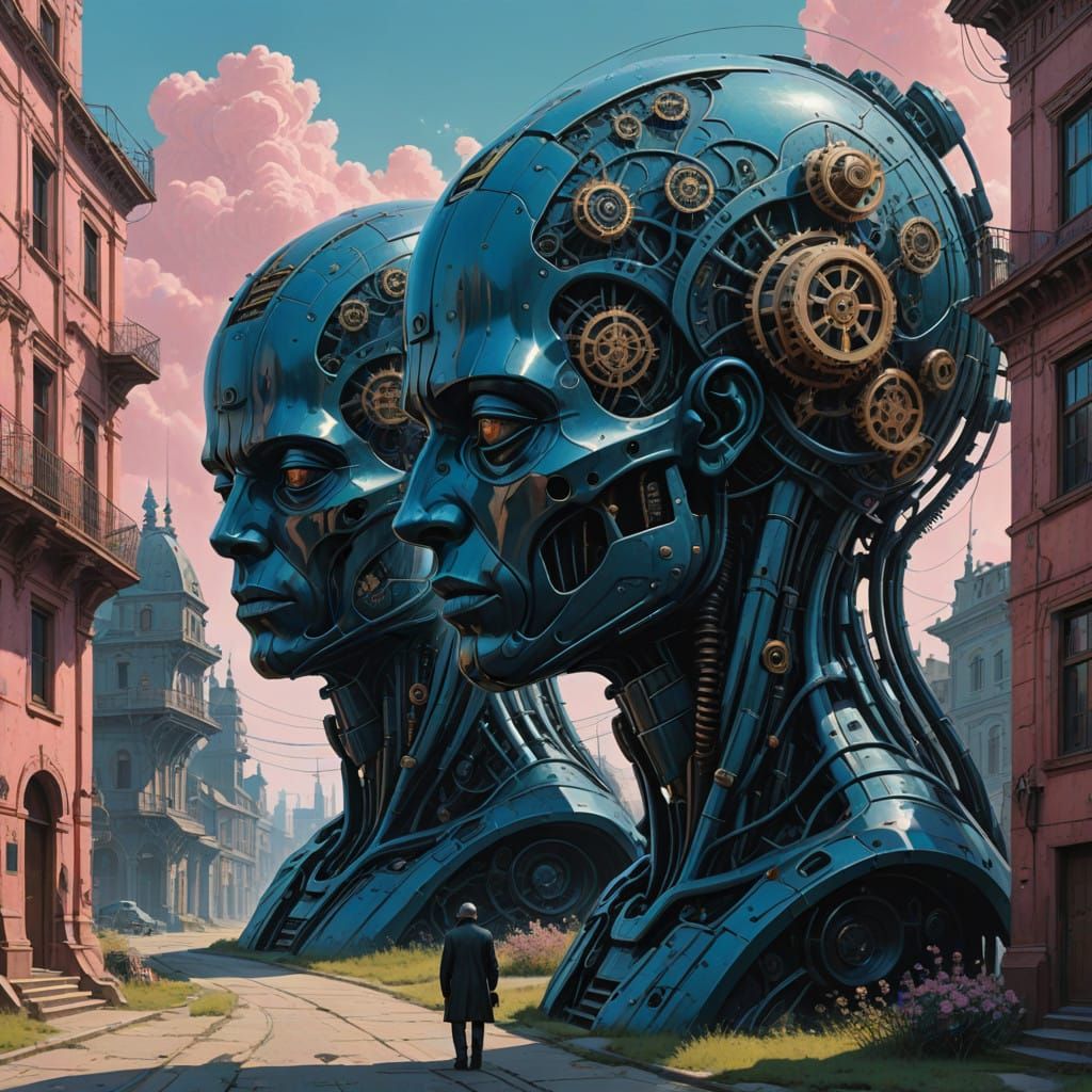 Dreamlike Entity of Intertwined Heads in a Fantastical Citys...