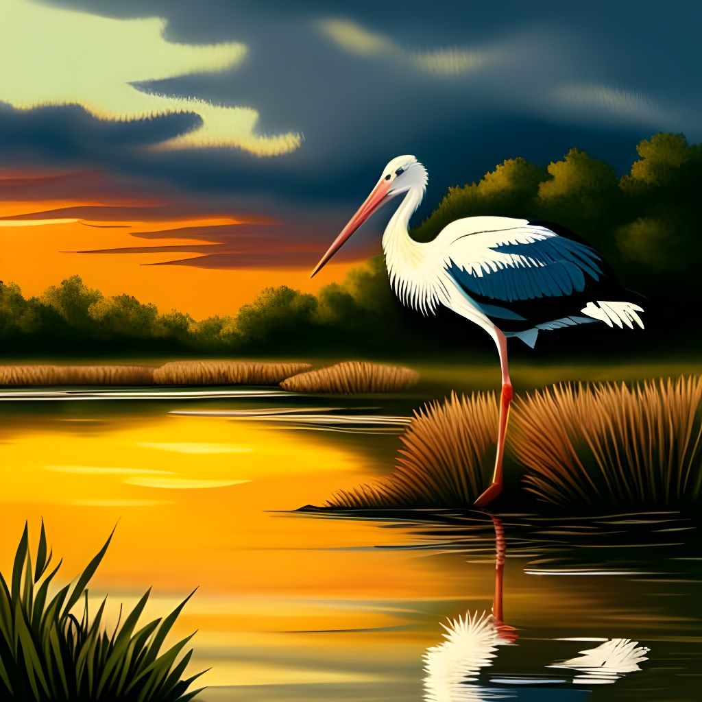 Stork in Virginia Marsh with Golden Sky