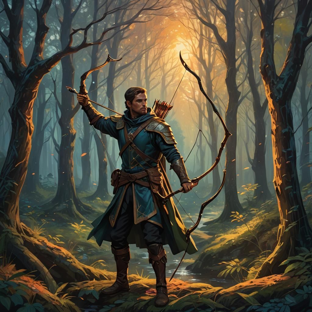 Mystical Archer in Forest: Vibrant Oil Painting