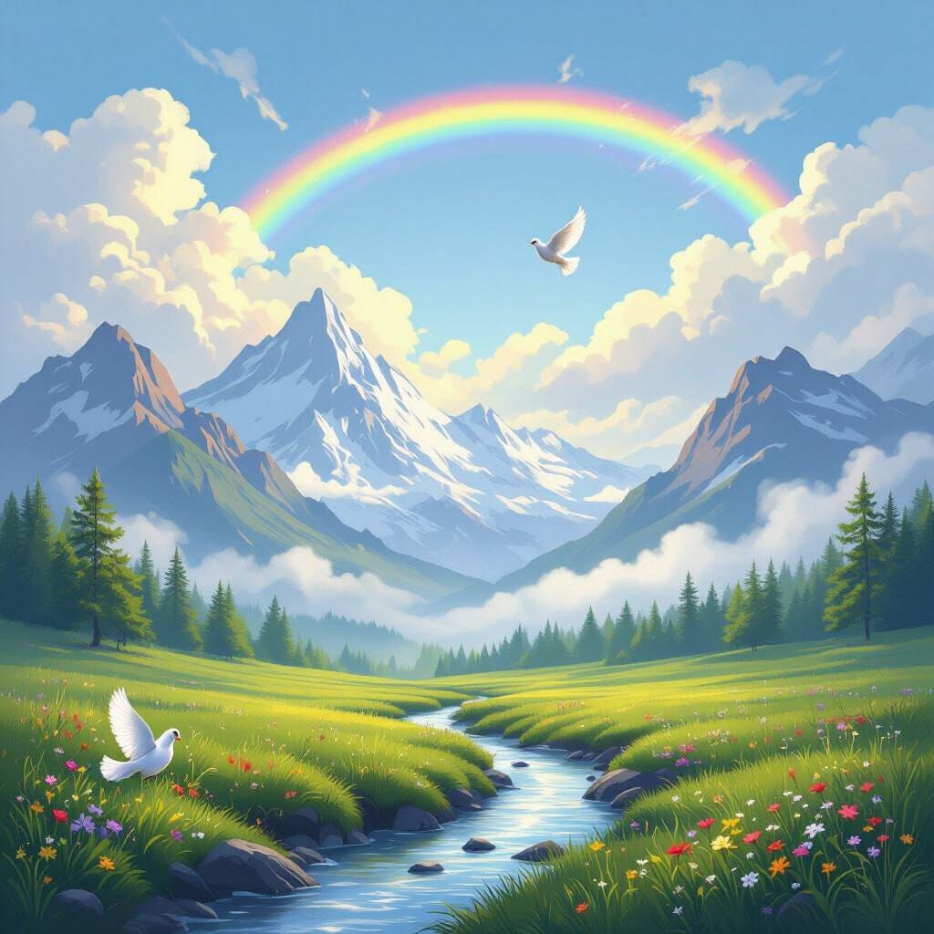 Rainbow Over Mountain Landscape with Dove, Oil Painting Styl...
