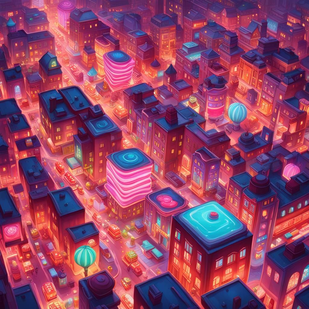 Candy Art Nighttime Cityscape: Hyperrealistic Digital Illust...