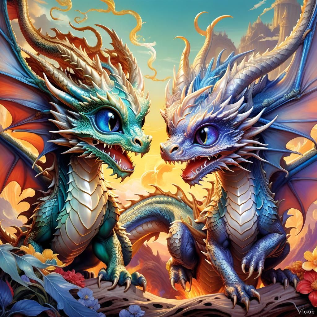 Chibi Dragons Play: A Surreal Anime Illustration