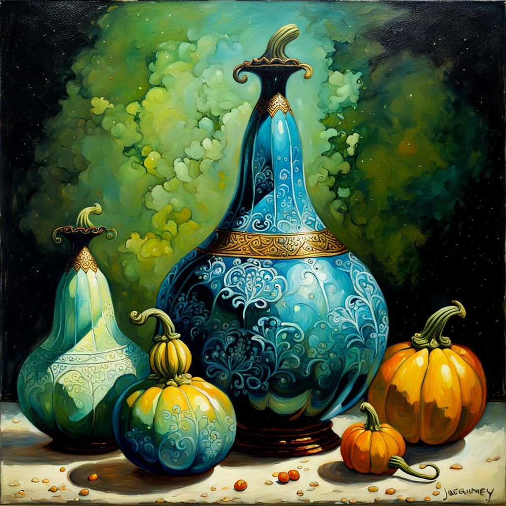 Glass Gourds in a Fantasy Landscape as Oil Painting