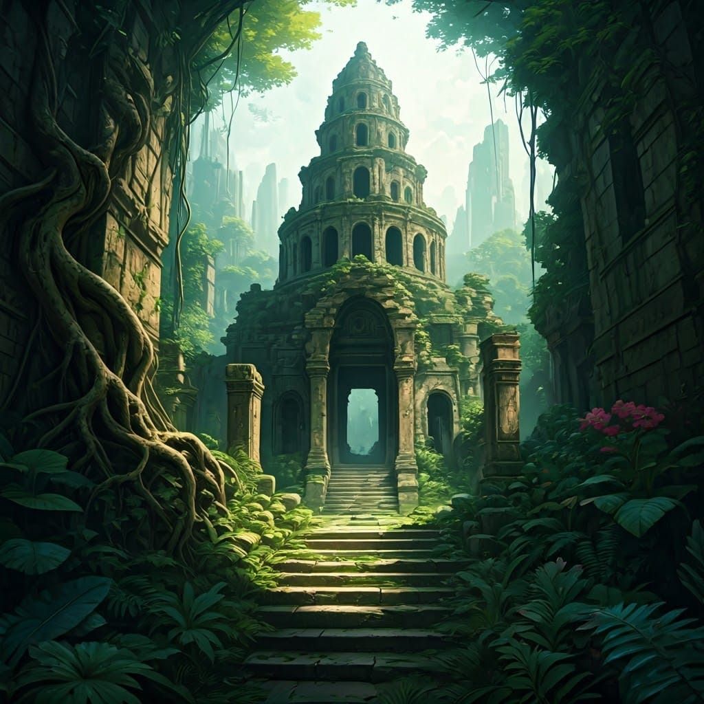 Ancient City Reclaimed by Jungle in Dreamlike, Detailed Matt...