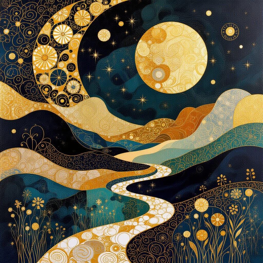 Surreal Alien Landscape with Gold Leaf Details