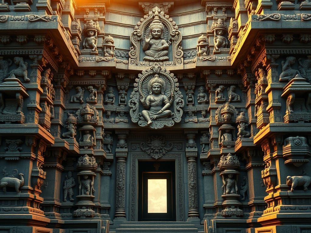 Ancient Sacred Temple Facade in Intricate Stone Carvings