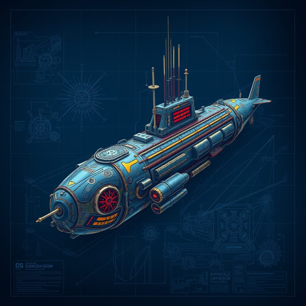 Intricate Futuristic Submarine Concept Art in Deep Blue