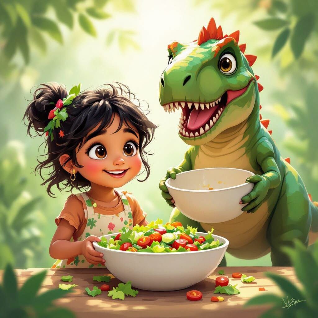 Child Covered in Salad With Friendly Dinosaur Holding Bowl