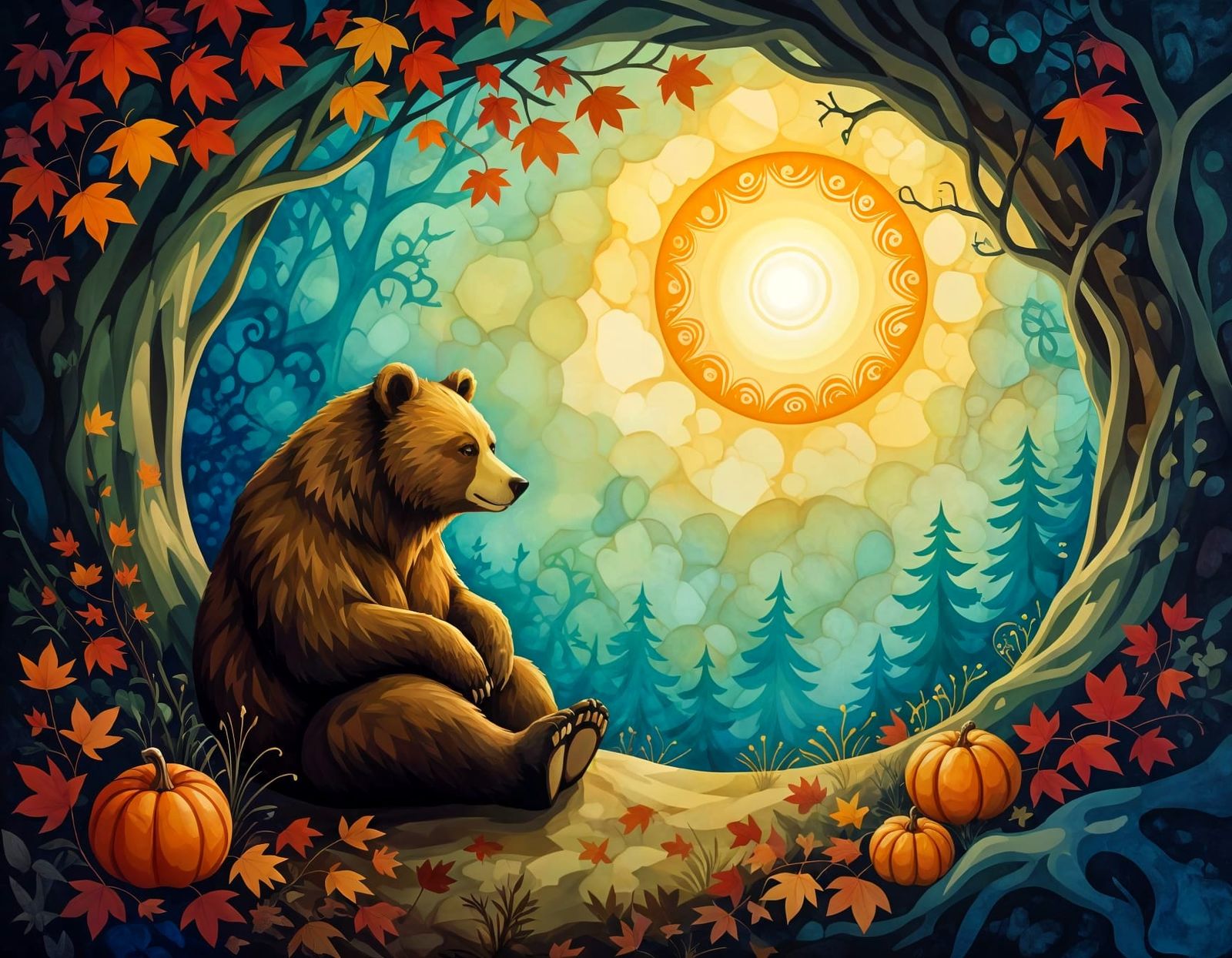 Autumn Equinox Bear Den in Suminagashi Style