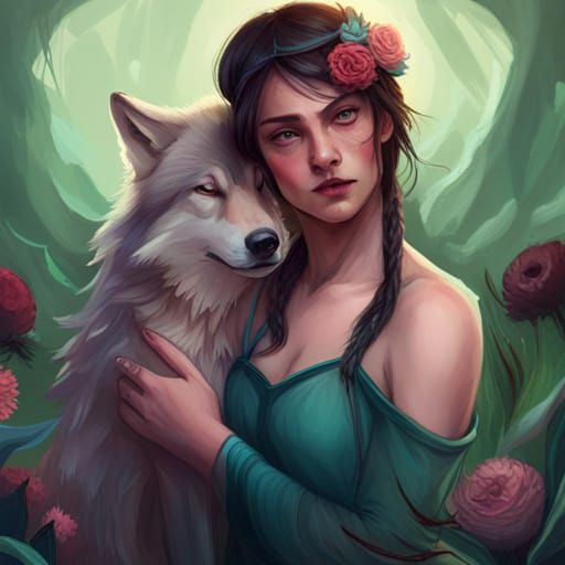 Girl and Wolf Portrait in Art Nouveau Style