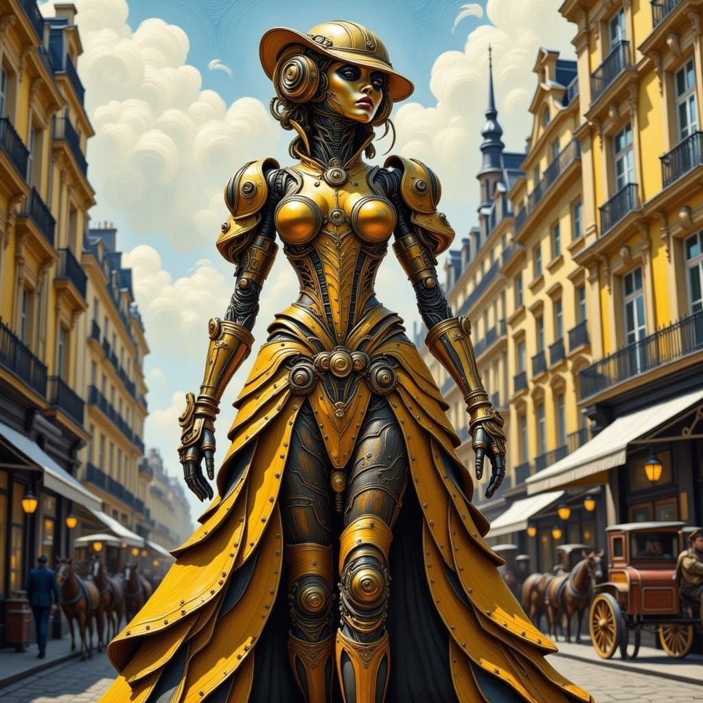 Steampunk Woman in Victorian London, Syd Mead Style